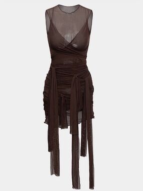 Sheer Mesh Wrap Tie Ribbon Mini Dress